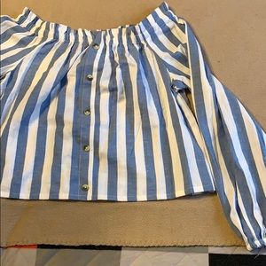 Off the shoulder blue and white striped blouse